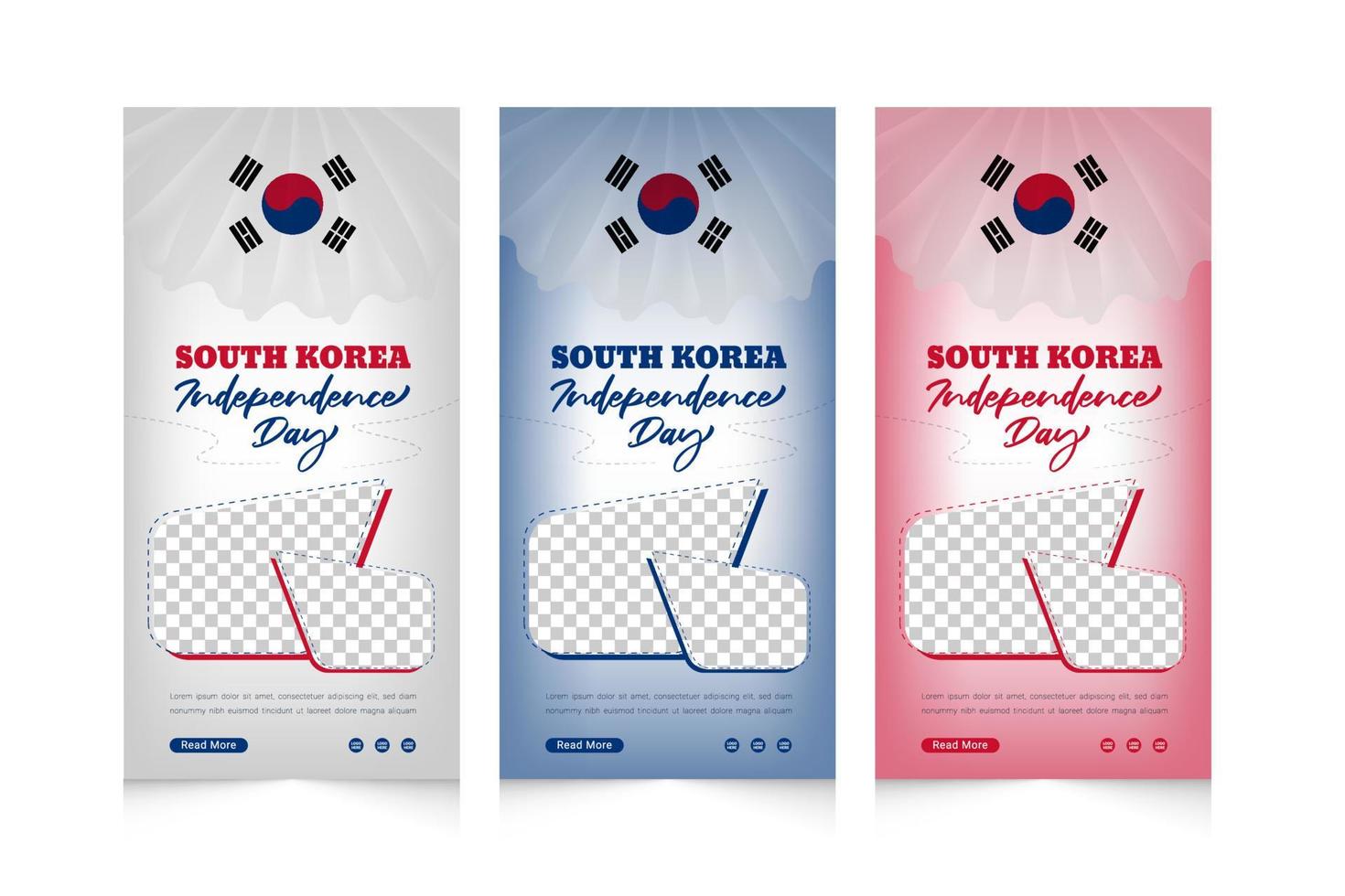 banner vertical de celebración del día de la independencia de corea del sur con diseño de ondear banderas en 3d vector