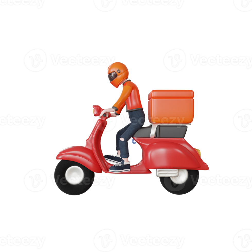 Rendering 3d personaggio uomo di consegna con oggetto illustrazione scooter png