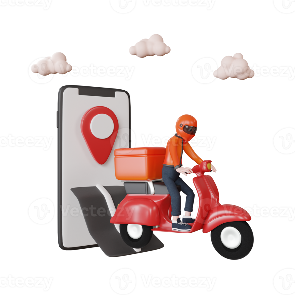 3D-rendering bezorger karakter met scooter illustratie object png