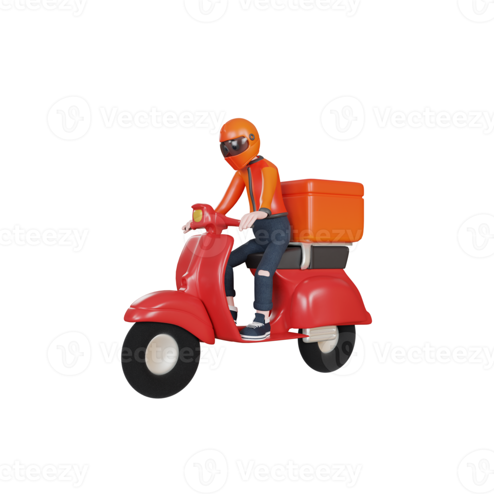 Personagem de entregador de renderização 3D com objeto de ilustração de scooter png