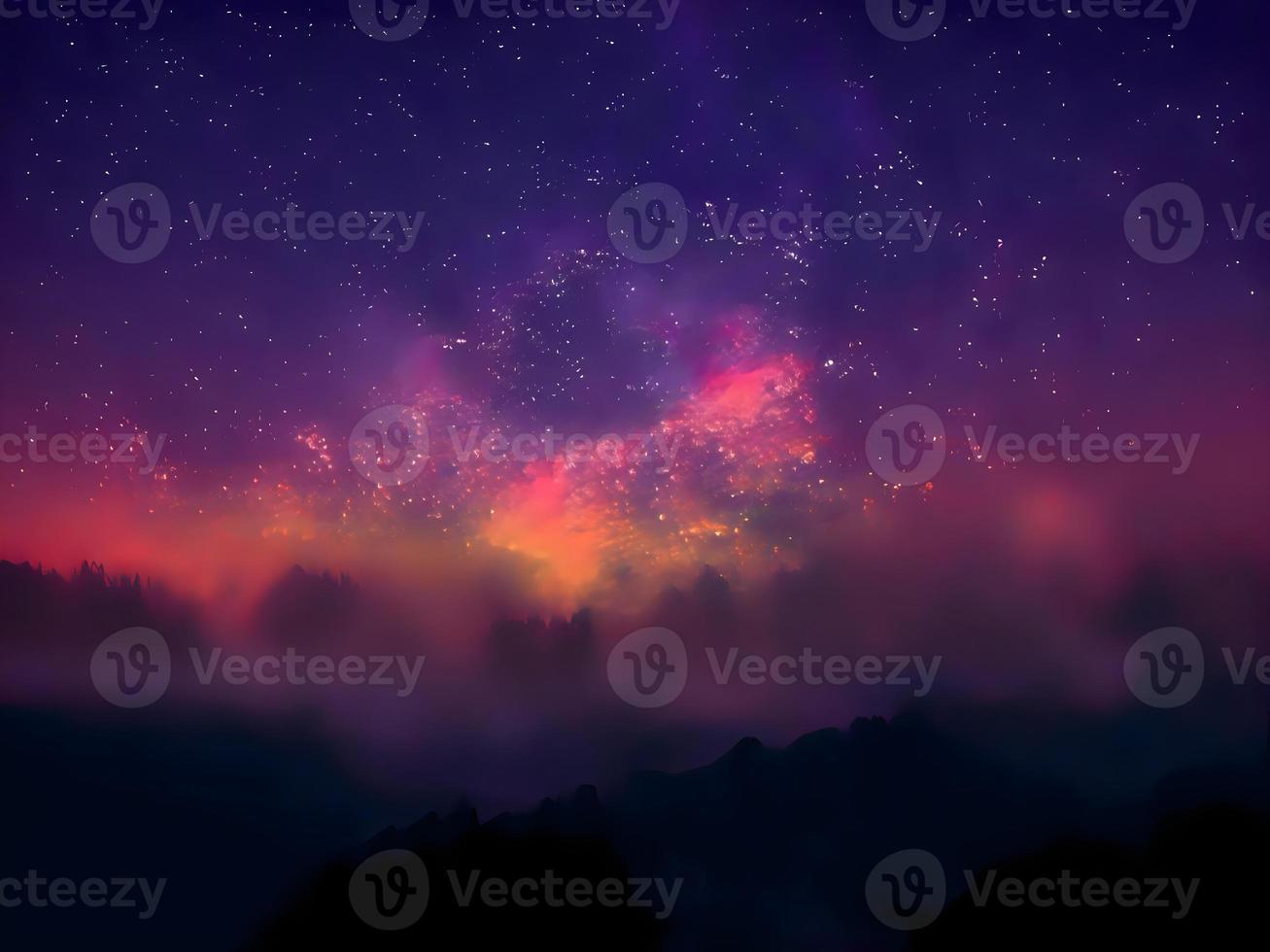 Milky Way and pink light at mountains. Night colorful landscape. Starry sky with hills. Beautiful Universe. Space background with galaxy. Travel background photo