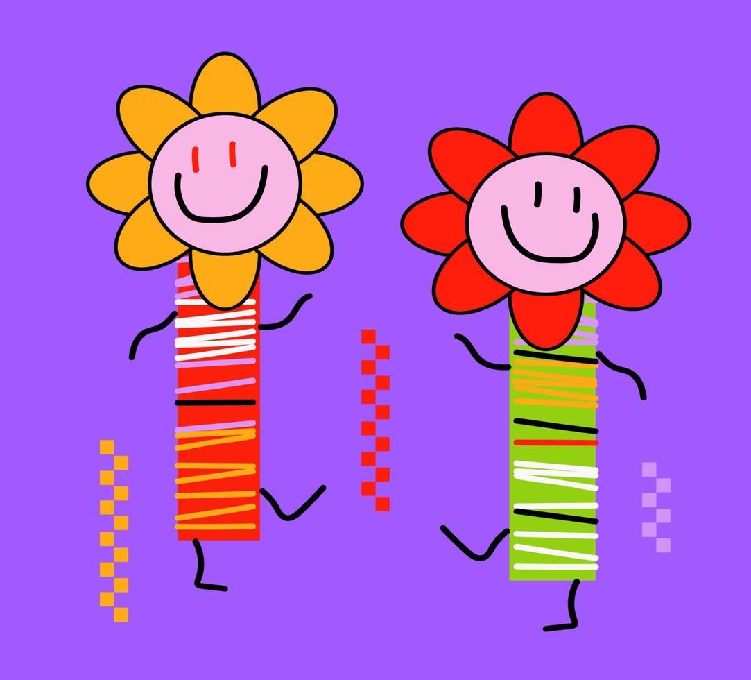 Set of cool groovy flower and star Y2k style, Nostalgia for the 2000 years. vector illustration.