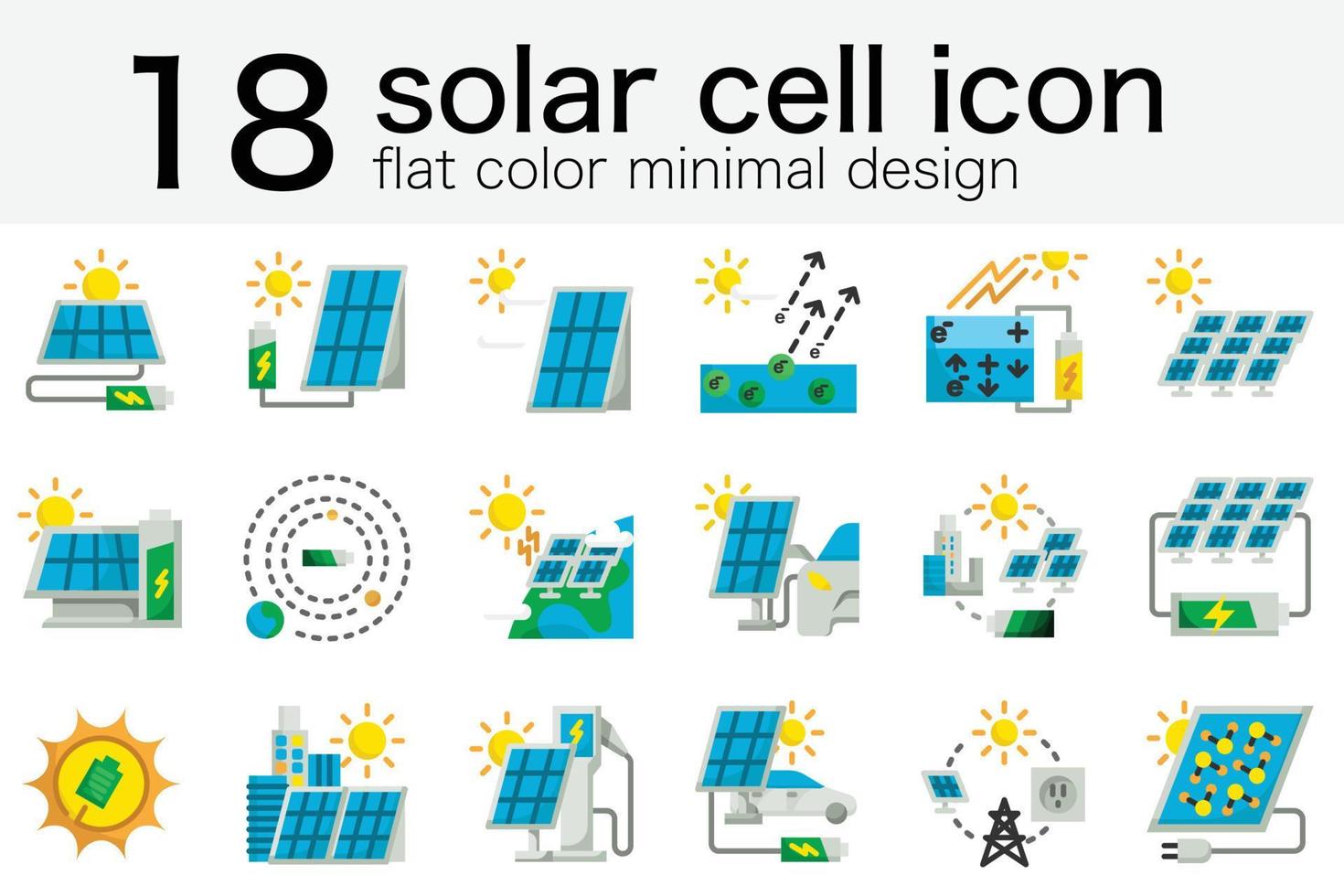 set of solar cell panel produce green energy electricity to battery from sun circle photovoltaic icon in minimal flat color design vector
