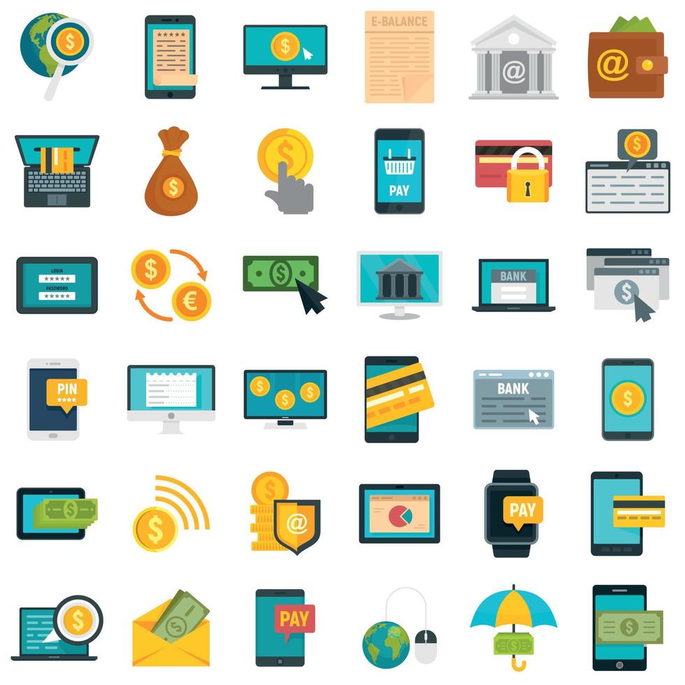 Internet banking icons set, flat style vector