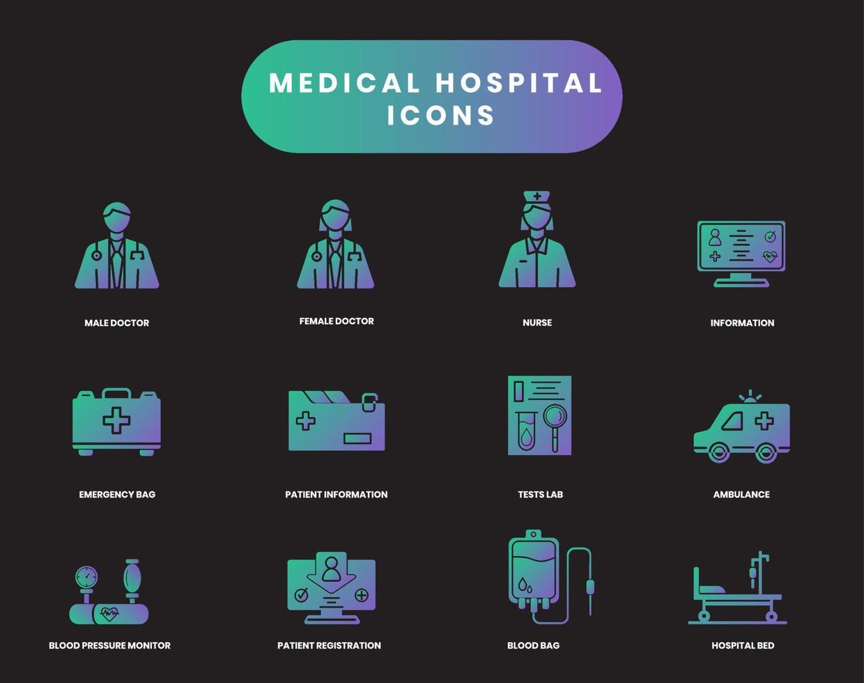 Vector solid gradient medical icons. Patient and doctor care. Nurse first medical health help. Icons for web, app and software