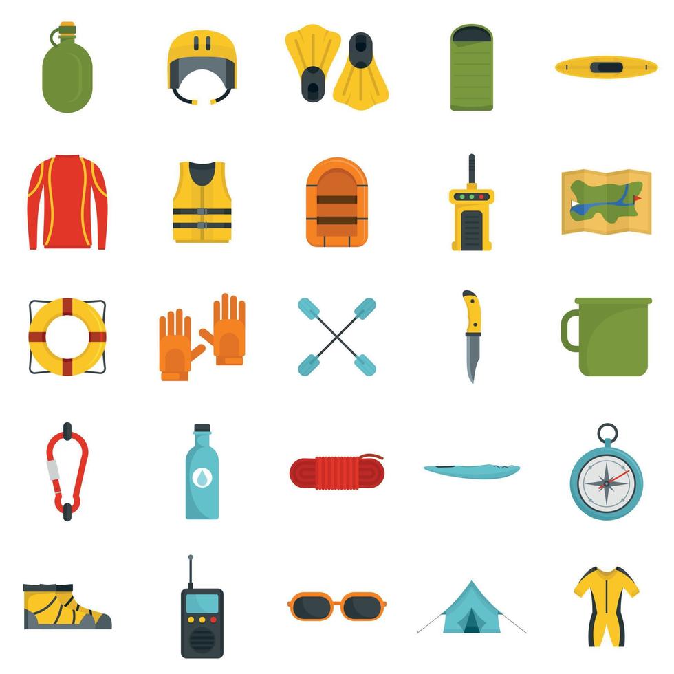 Rafting kayak water canoe icons set, flat style vector
