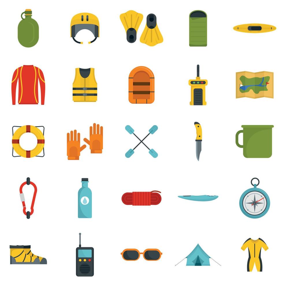 Rafting kayak water canoe icons set, flat style vector