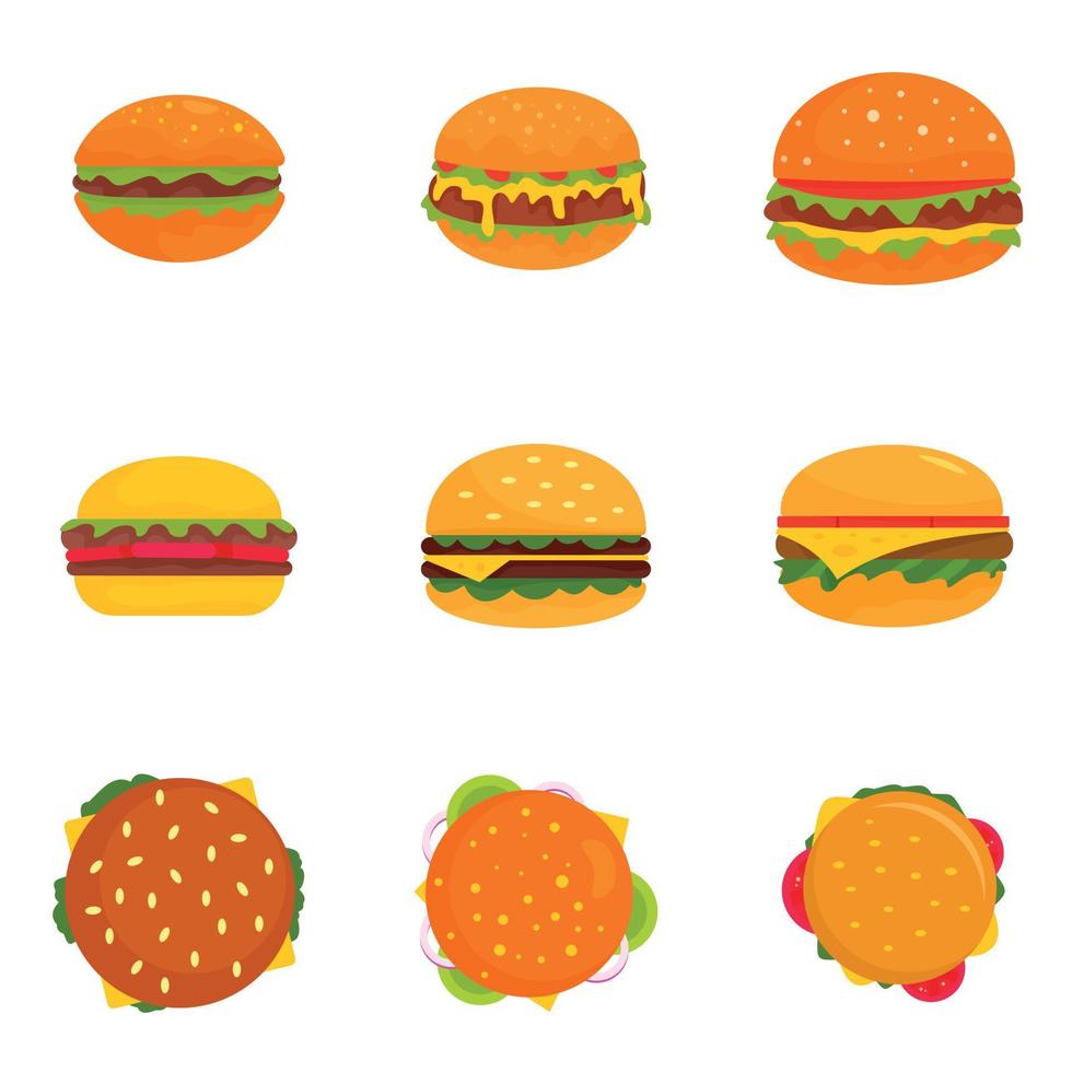 Burger sandwich bread bun icons set, flat style vector