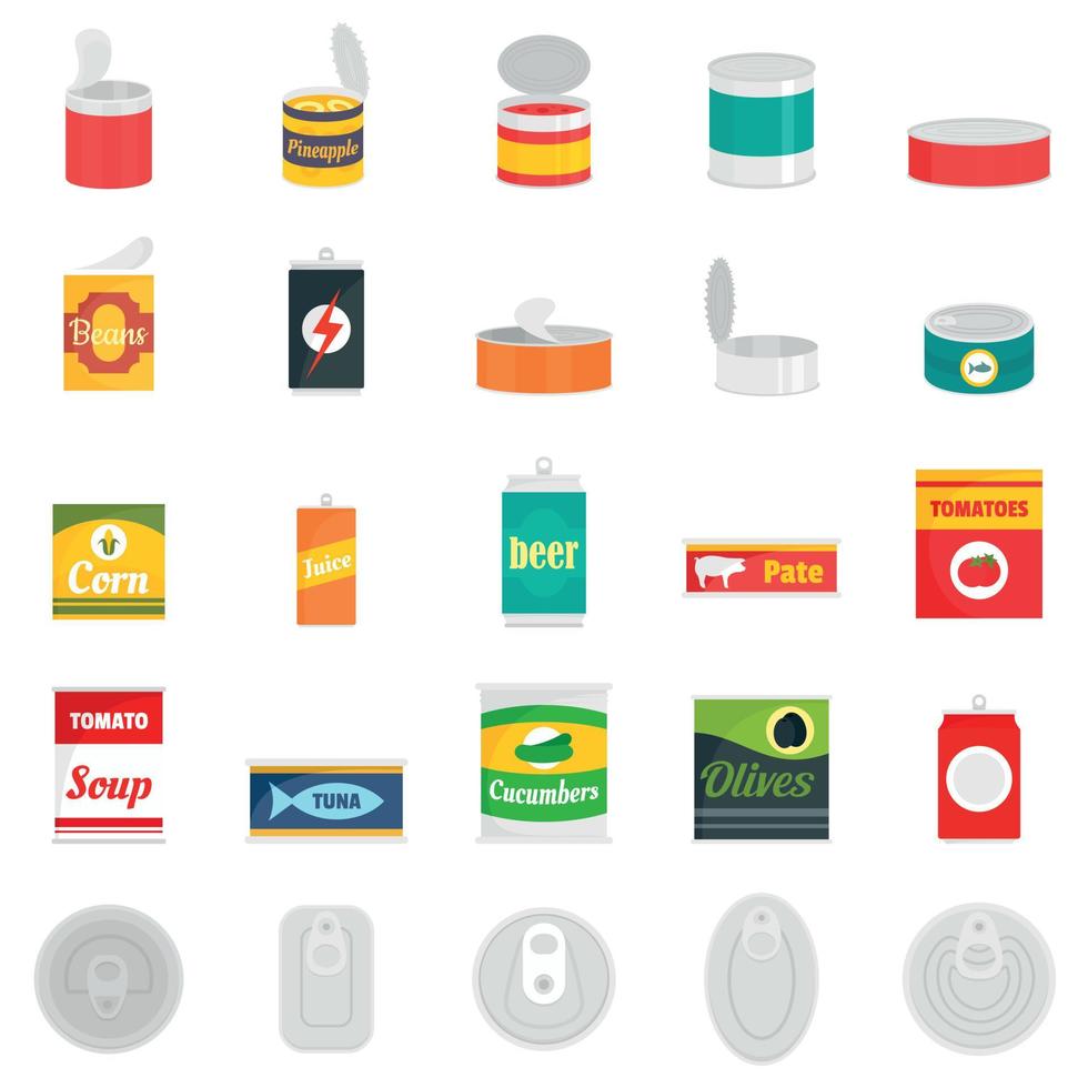 Tin can food package jar icons set, flat style vector