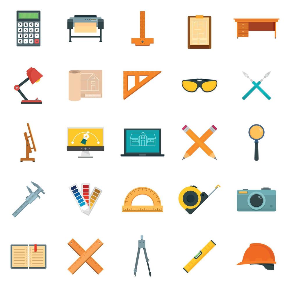 Architect equipment icons set, flat style vector