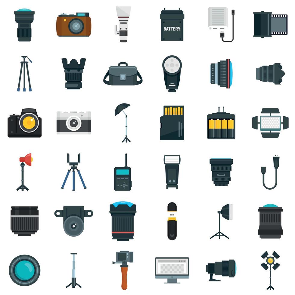 Photographer equipment icons set, flat style vector