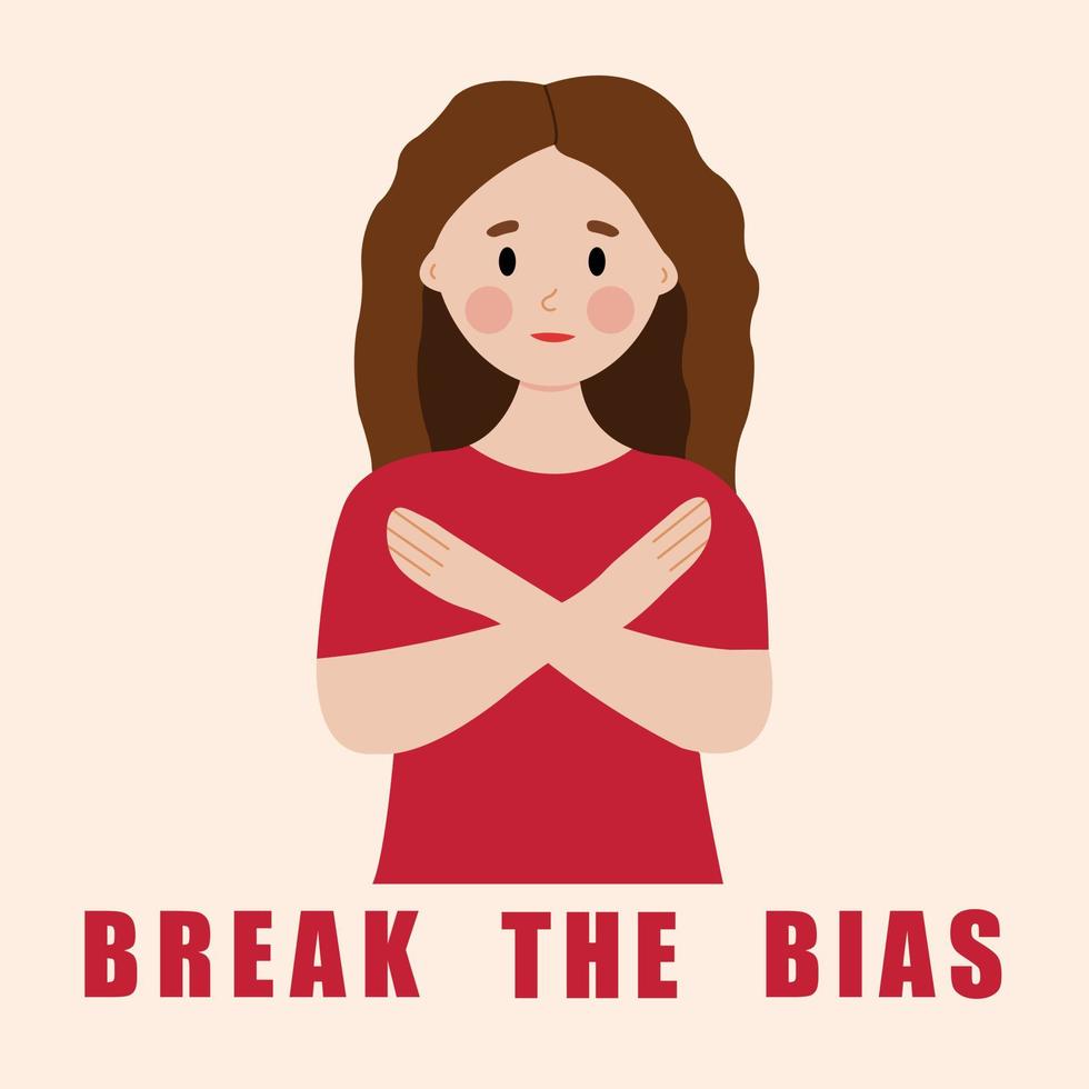 Break the bias trendy illustration with woman hands crossed. Women equality concept, break stereotype towards women. vector