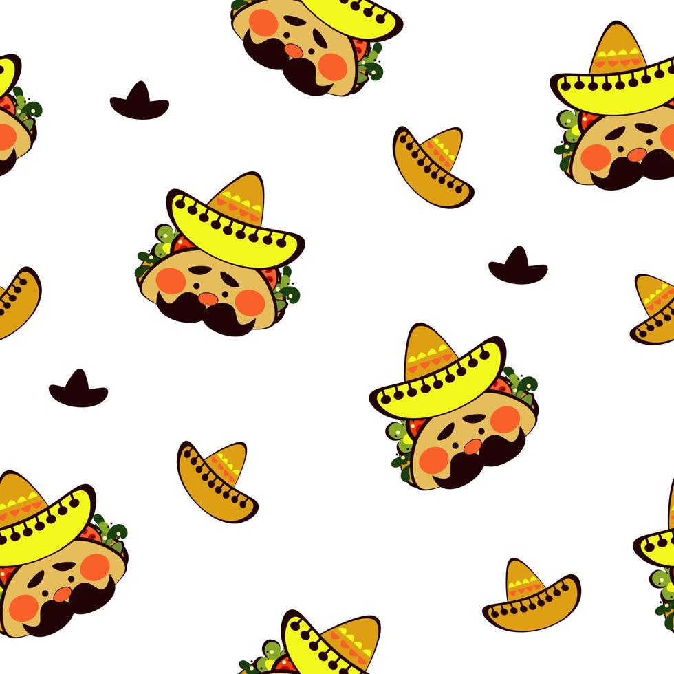 Seamless pattern Tacos character sombrero doodle, traditional Mexican food, doodle sketch style vector illustration on white background.