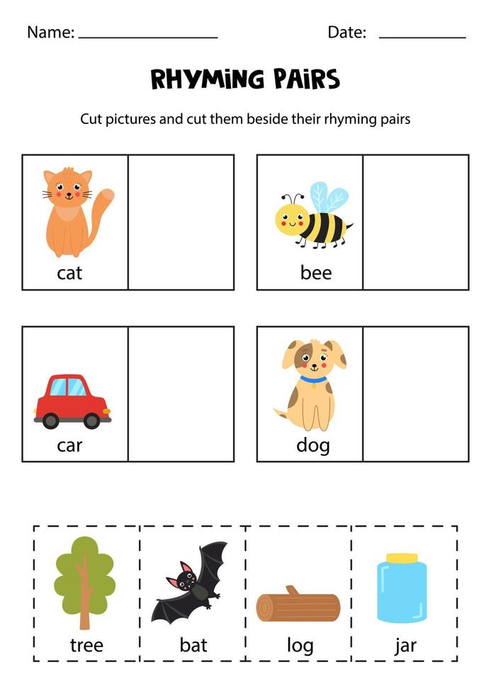 Find rhyming pairs. Educational worksheet. Cut and paste. vector