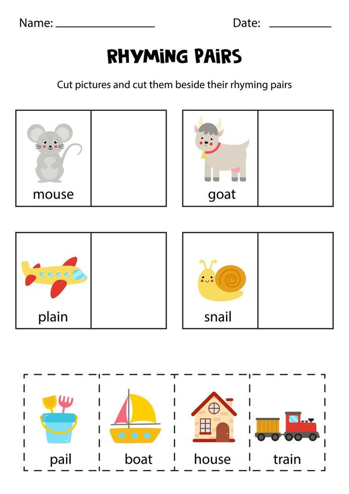 Find rhyming pairs. Educational worksheet. Cut and paste. vector