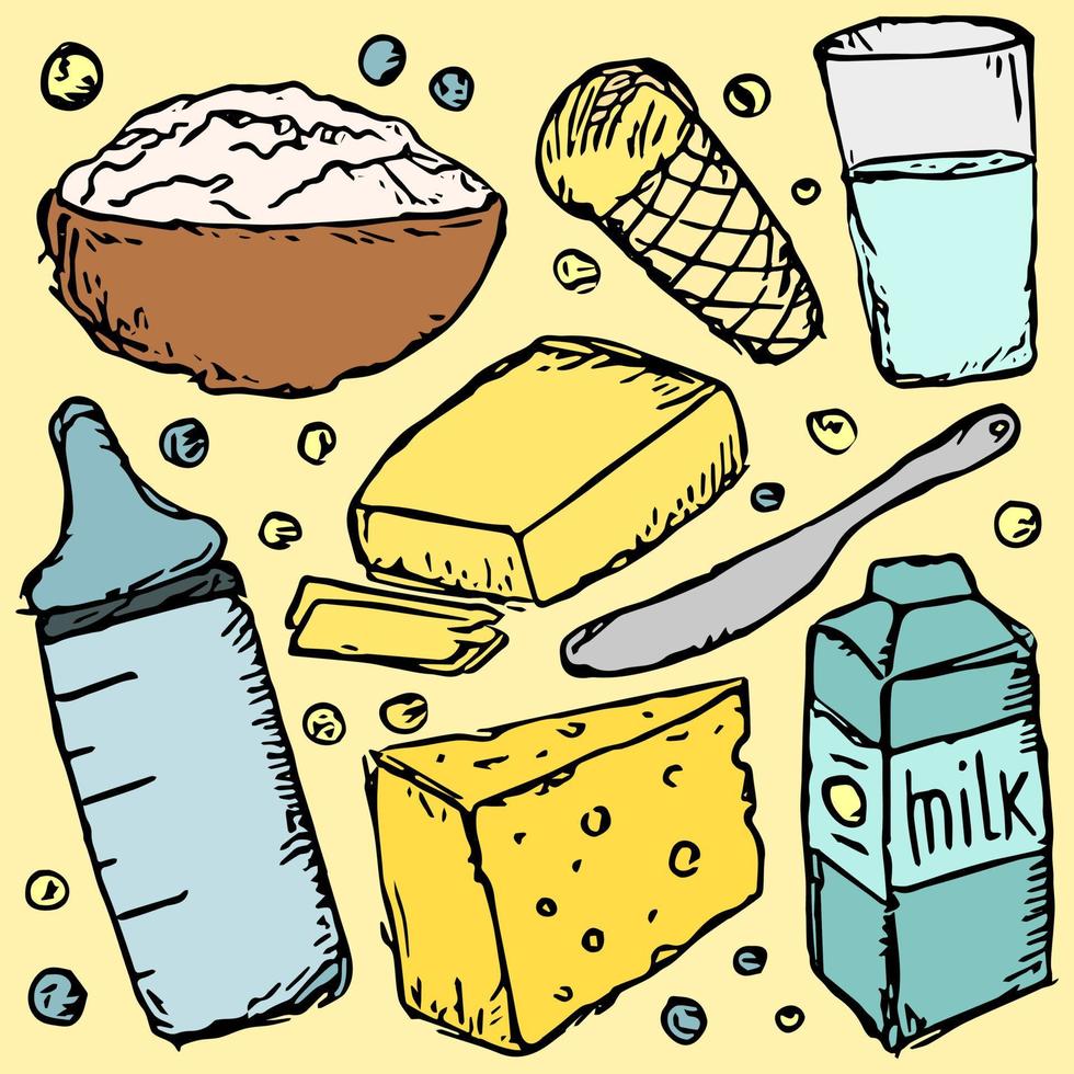 milk production. vector doodle illustration with milk products icon. milk food