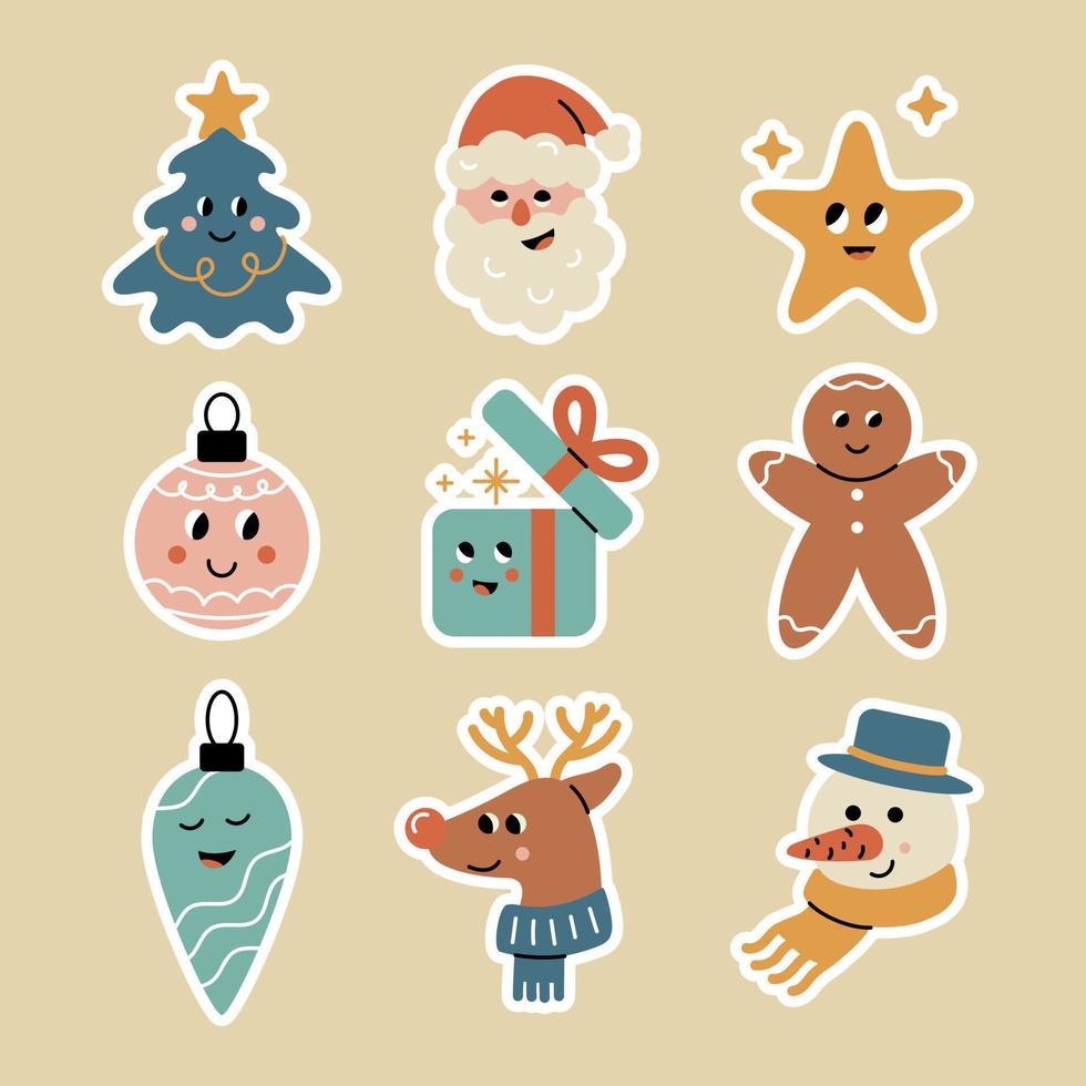 Christmas stickers set with cute trendy characters vector