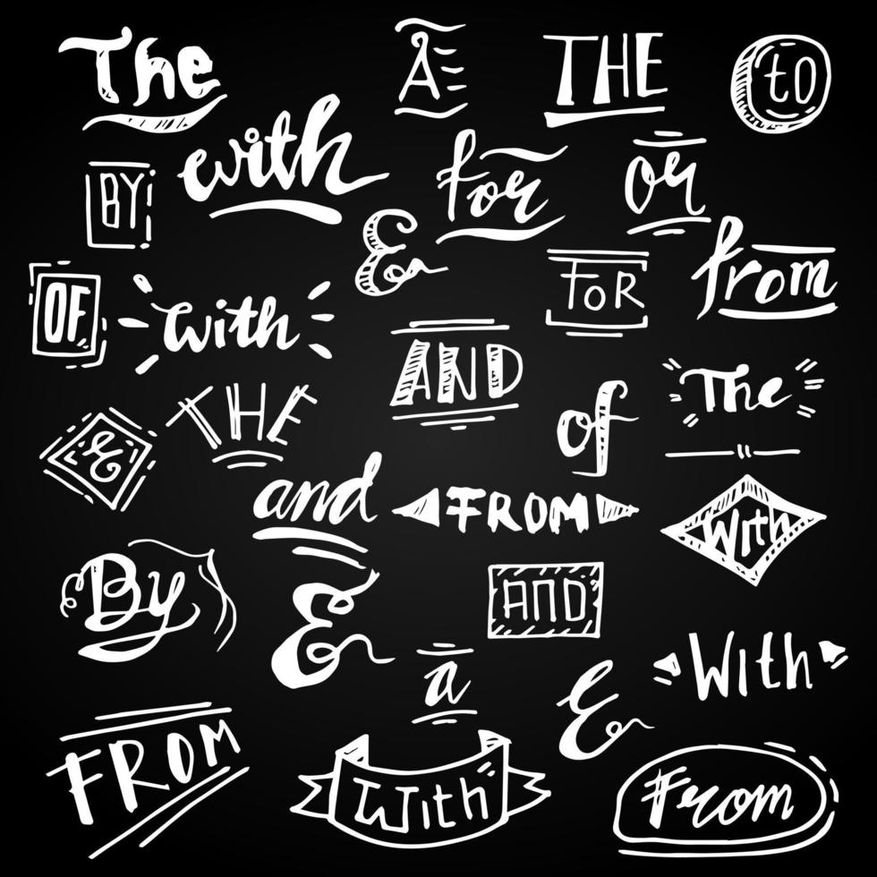 Doodle Handwritten catchwords and ampersands vector set. Modern handwritten calligraphy and lettering. isolated on black background