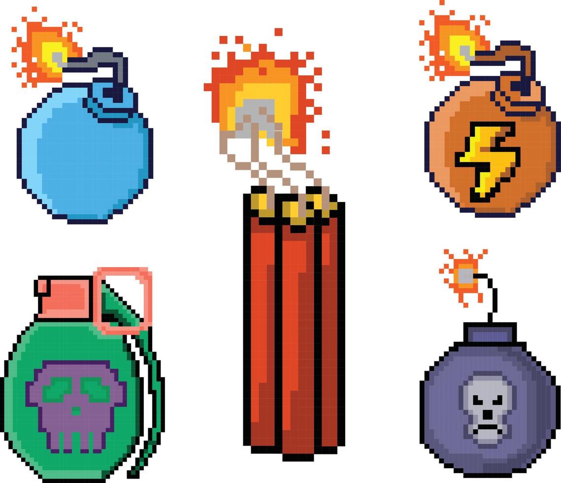 Bomb pixel art set. explosion pixel art minecraft. vector