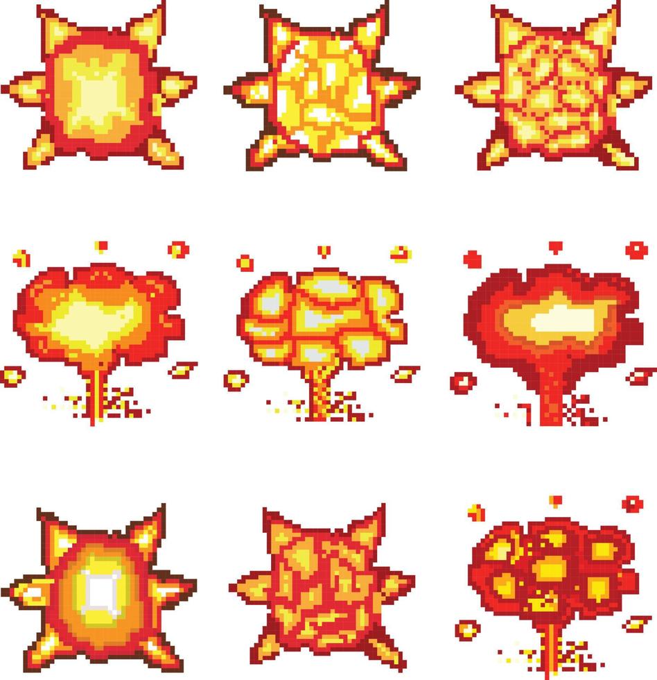 Printexplosion pixel art, Video game explosion animation flame pixel art. vector