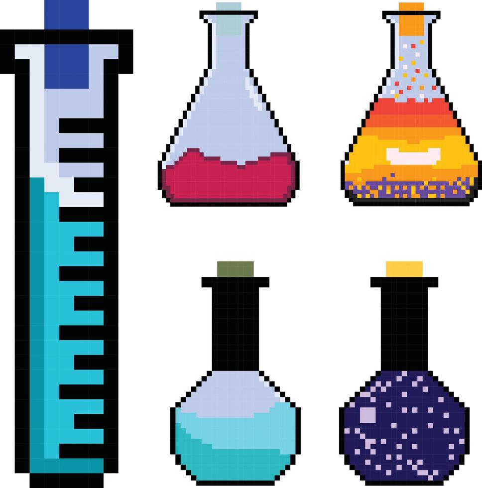 tubo de ensayo de arte de píxeles, conjunto de píxeles de cristalería de laboratorio de ciencias. vector