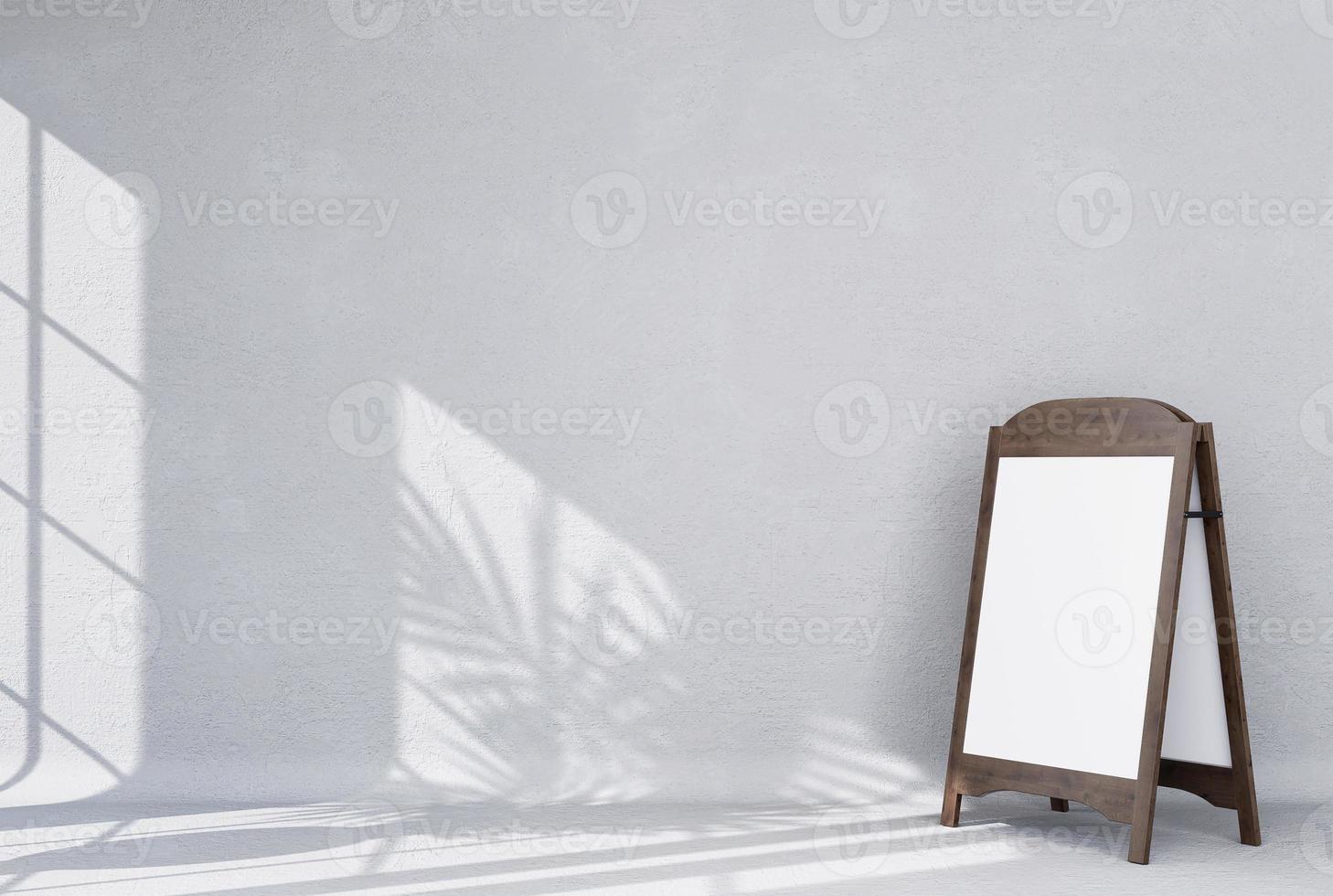Empty room with shadows of window and flowers and palm leaves 3d room with commercial billboard. photo