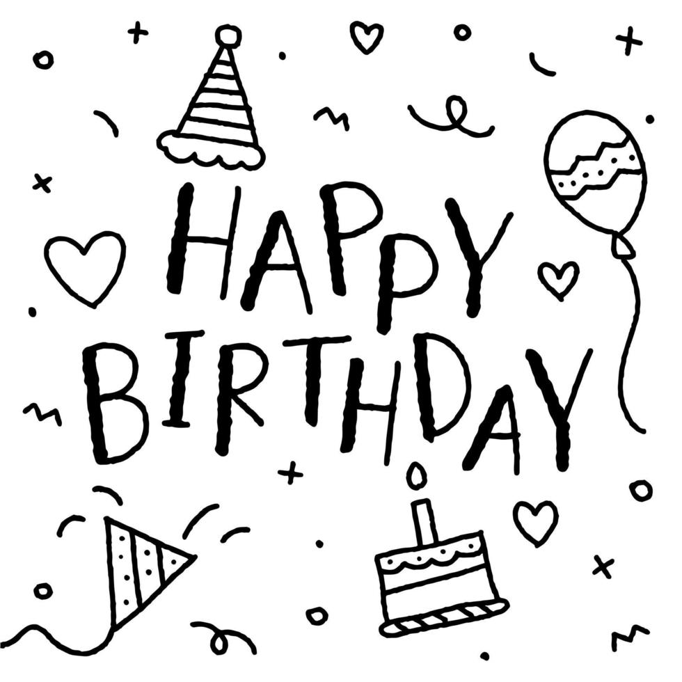 Cute Happy Birthday Party Confetti Black and White Doodle Background Border Frame Invitation Card Square Icon Vector Illustration