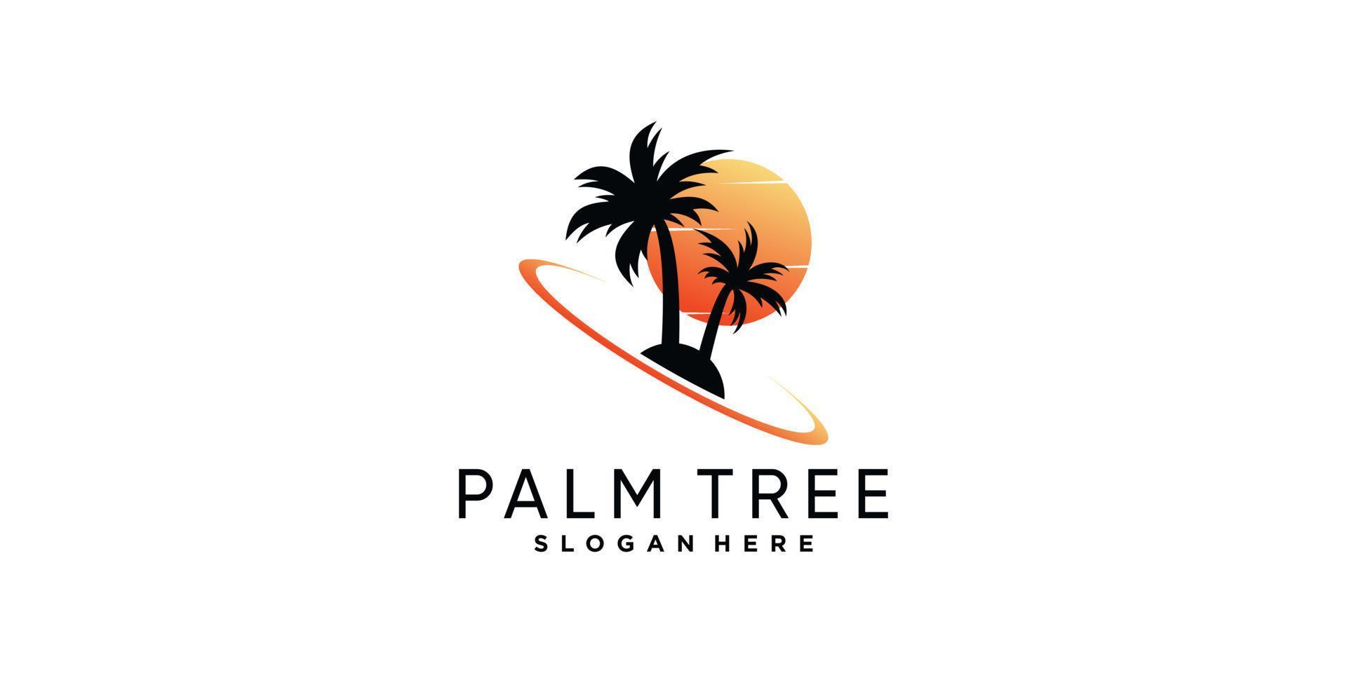 Palm tree logo design template with sun Premium Vector