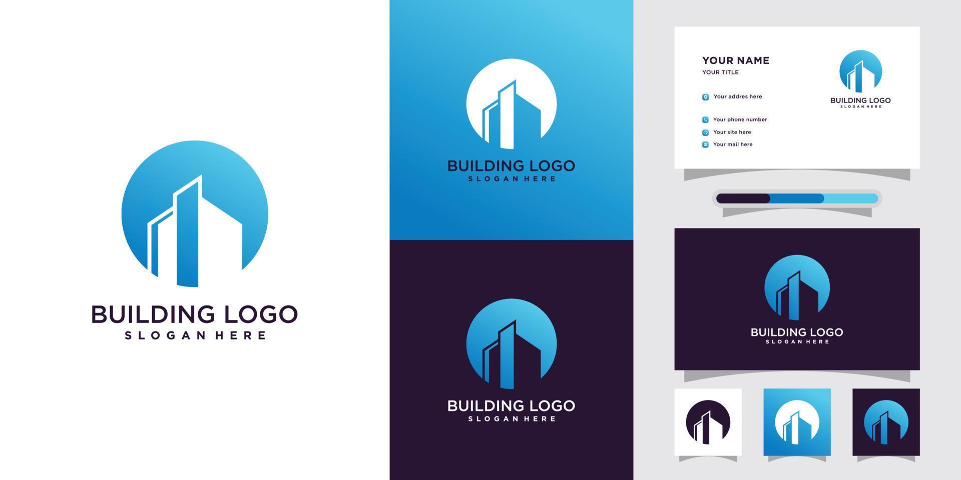 logotipo de construcción de edificios con concepto de espacio negativo y vector premium de diseño de tarjeta de visita