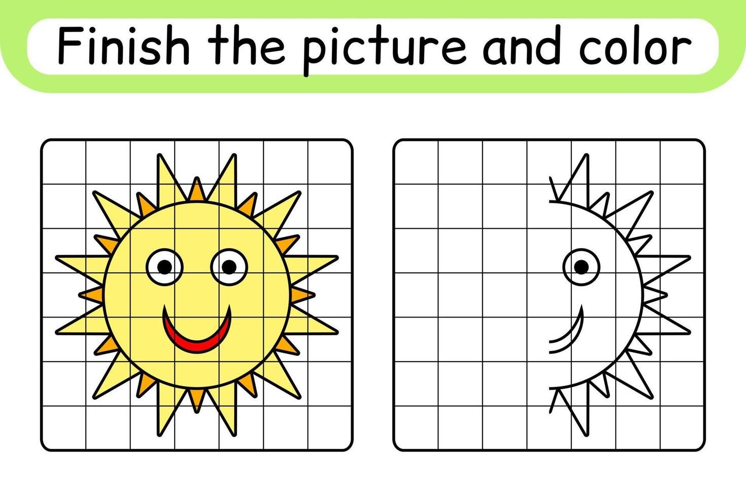 Complete the picture sun. Copy the picture and color. Finish the image. Coloring book. Educational drawing exercise game for children vector