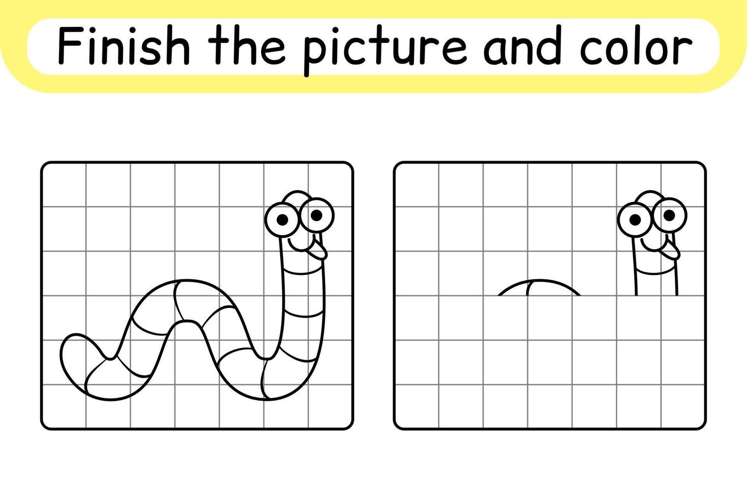 Complete the picture worm. Copy the picture and color. Finish the image. Coloring book. Educational drawing exercise game for children vector