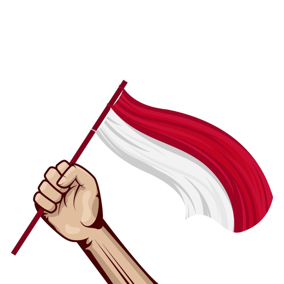 mano sosteniendo y ondeando la bandera nacional de indonesia. vector