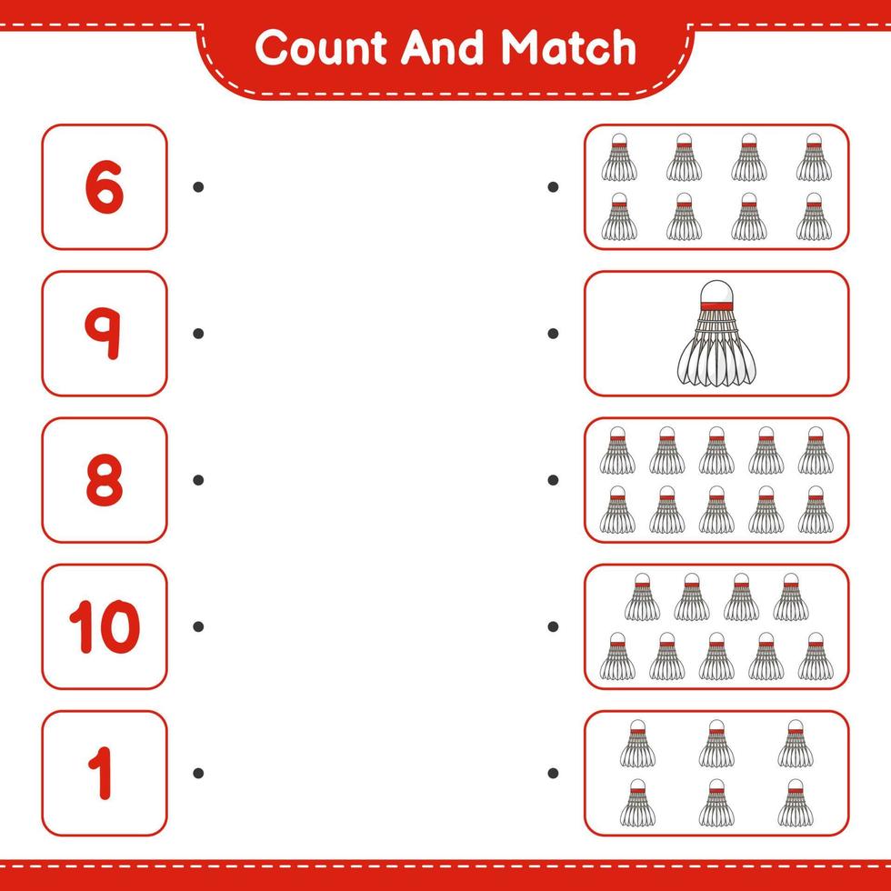 Count and match, count the number of Shuttlecock and match with the right numbers. Educational children game, printable worksheet, vector illustration