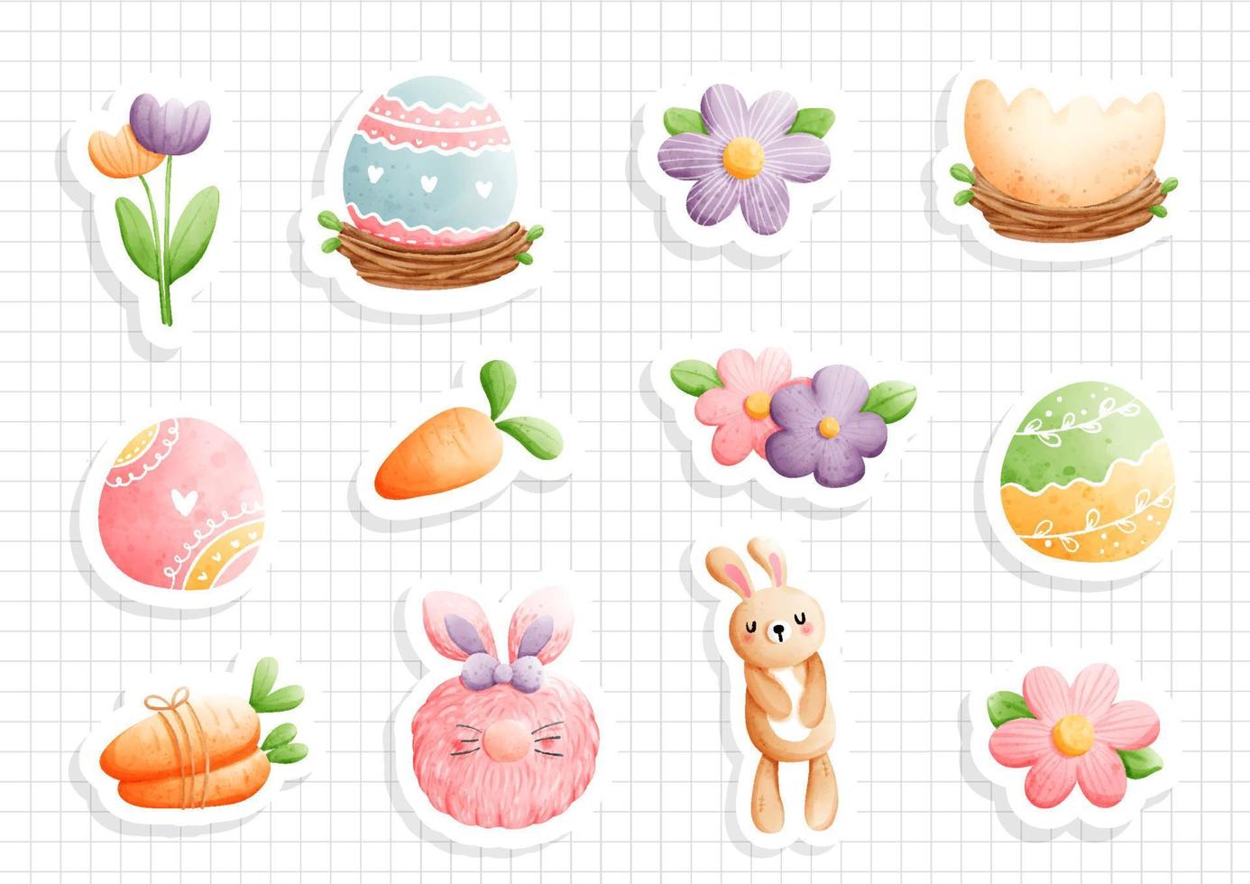 watercolor easter, Happy Easter sticker sheet. Vector illustration