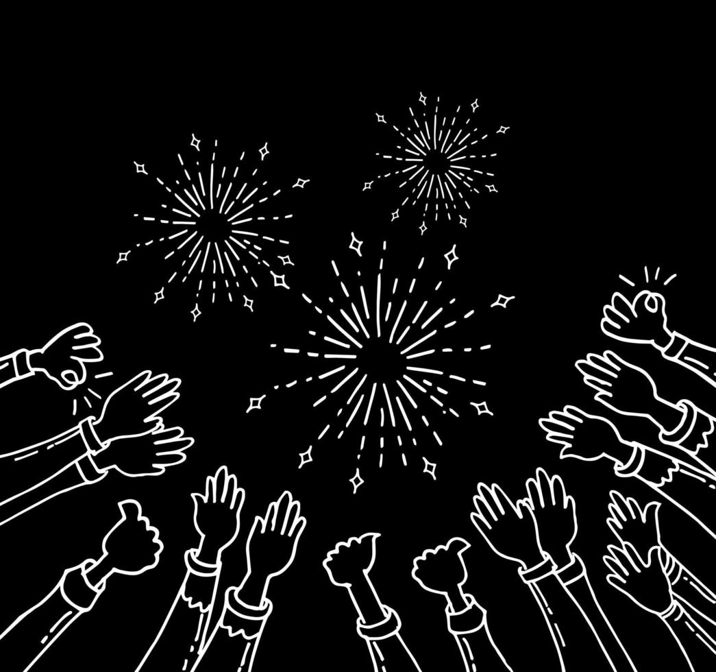 doodle set of hands clapping. hands up applause. thumbs up in hand draw style with fire work element. on black background vector