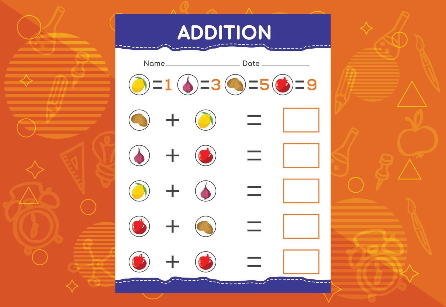 Addition with different vegetables for kids. An educational worksheet for kids. Vector design
