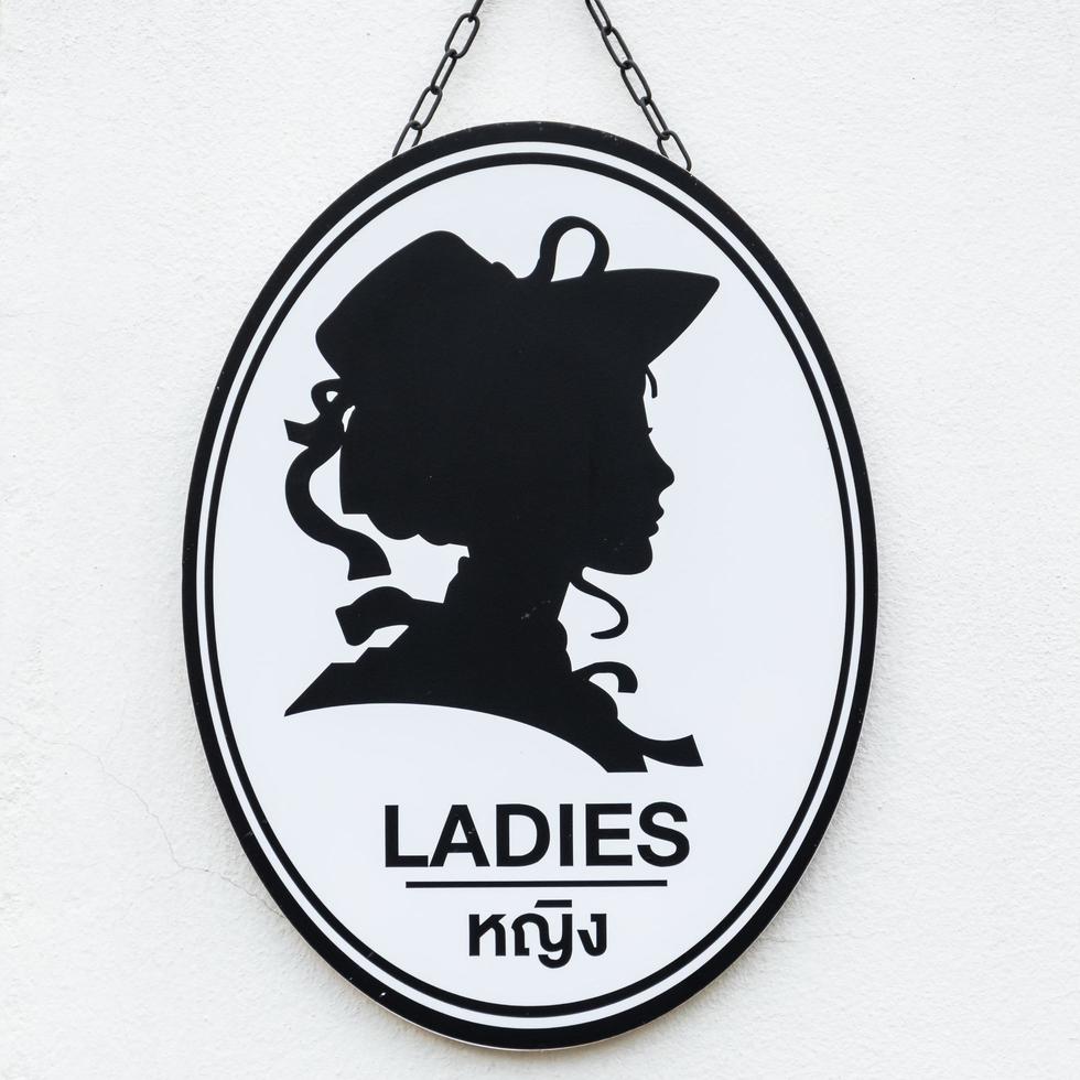 Toilet sign in vintage or classic style lady or woman and gentleman or man symbol on wall WC. photo