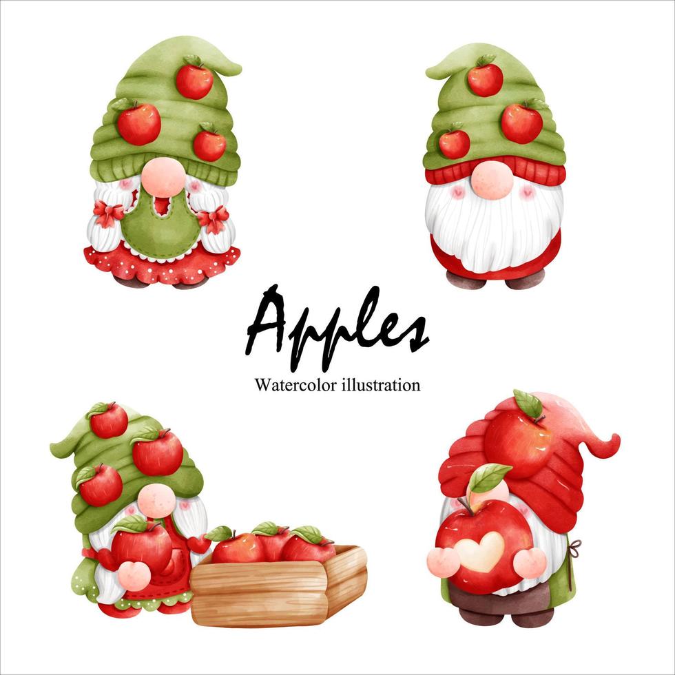 watercolor apples gnome, gnome fruit vector illustration
