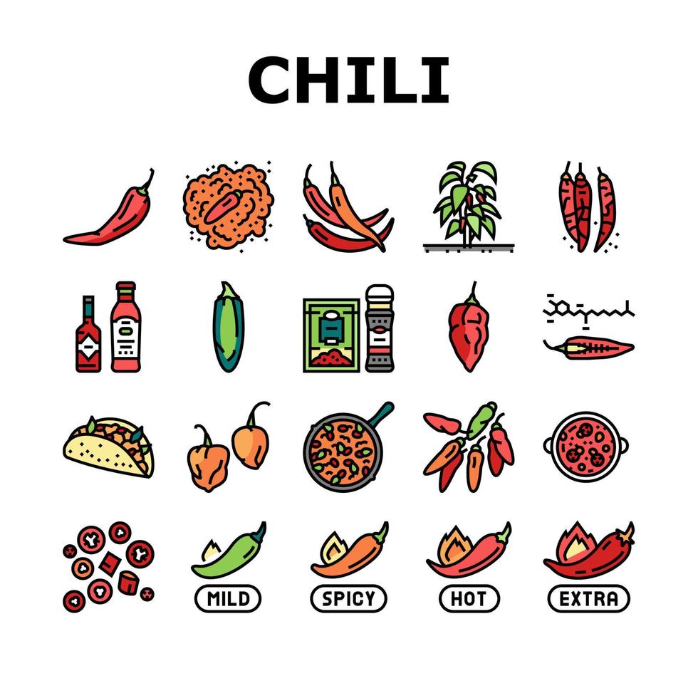 Chili Spicy Natural Vegetable Icons Set Vector