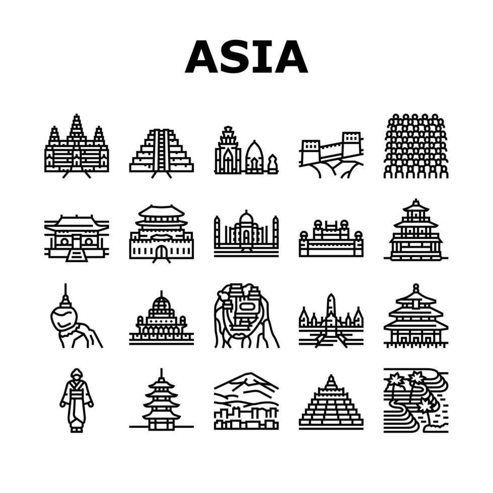 Asia Building And Land Scape Icons Set Vector