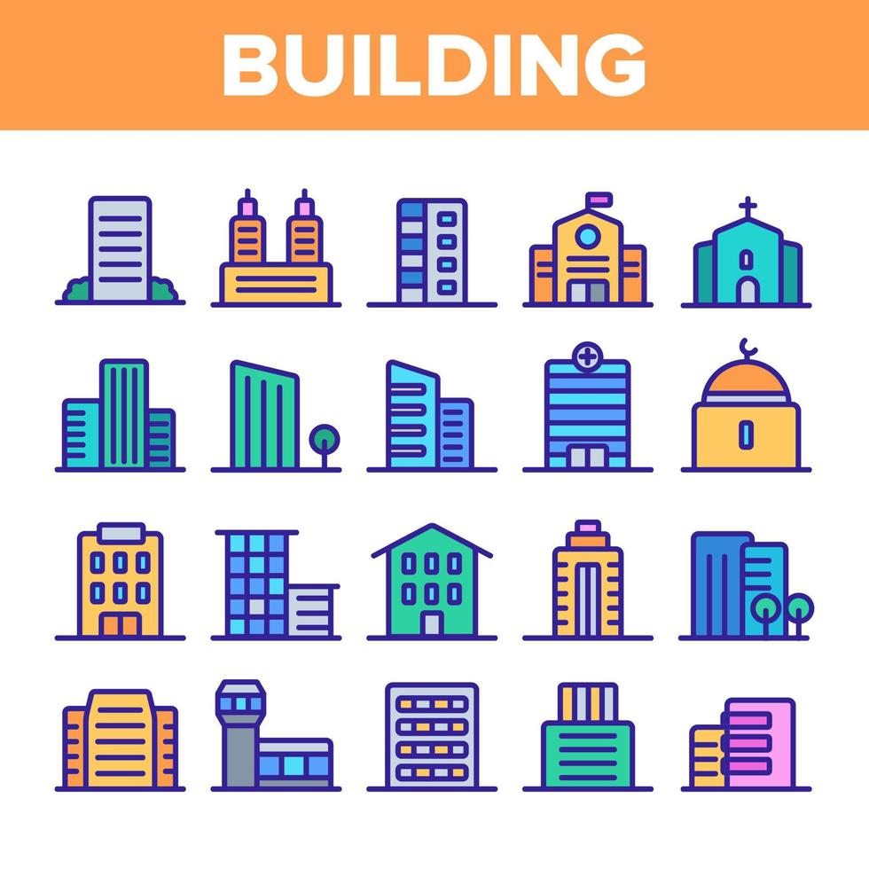 City, Town Buildings Linear Icons Vector Set
