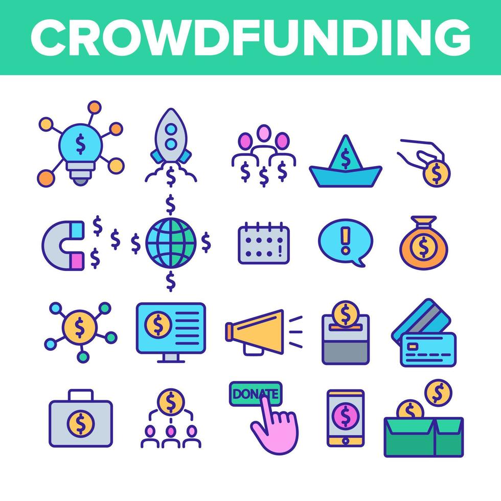 Crowdfunding, Collective Investment Vector Linear Icons Set