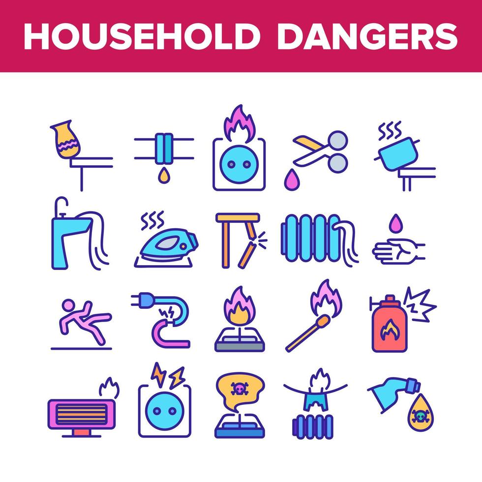 Household Dangers Collection Icons Set Vector