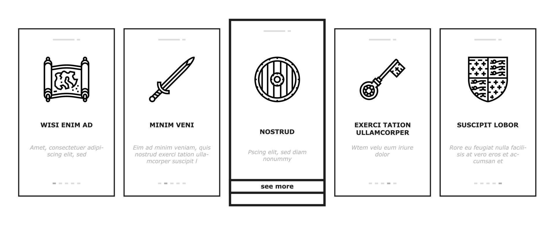 Medieval Warrior Weapon And Armor Onboarding Icons Set Vector