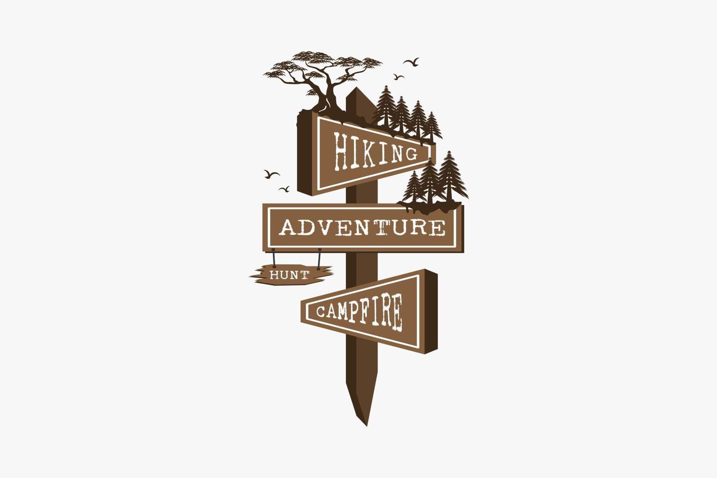 Vintage travel badge design with signs of hiking, adventure, bonfire in a wooden pan. vector