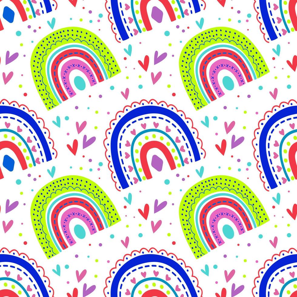 Vector seamless pattern with rainbows of bright colors with a beautiful ornament highlighted on a white background is ideal for children's posters.
