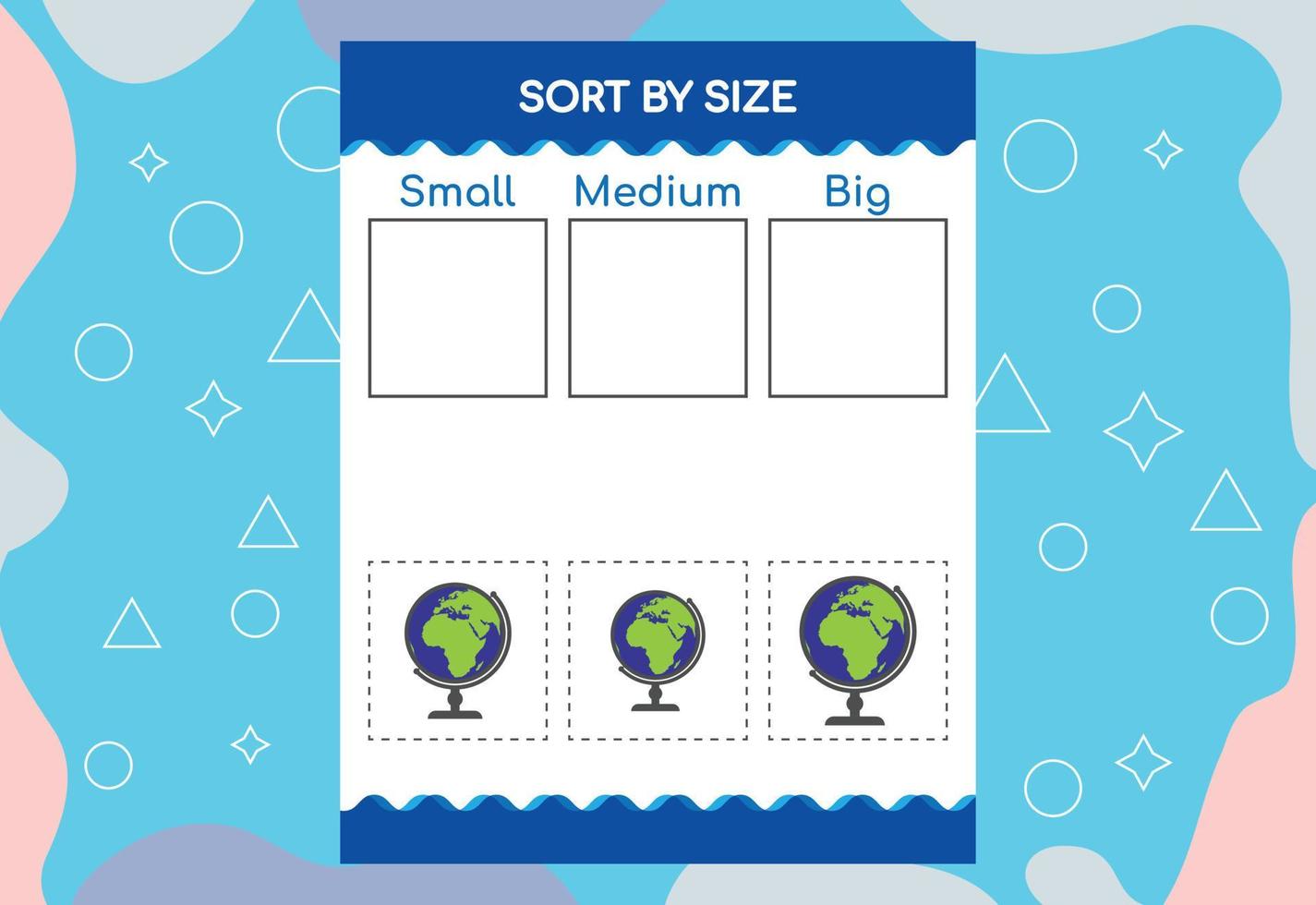 Sort images by size. Educational Worksheet For Kids. vector