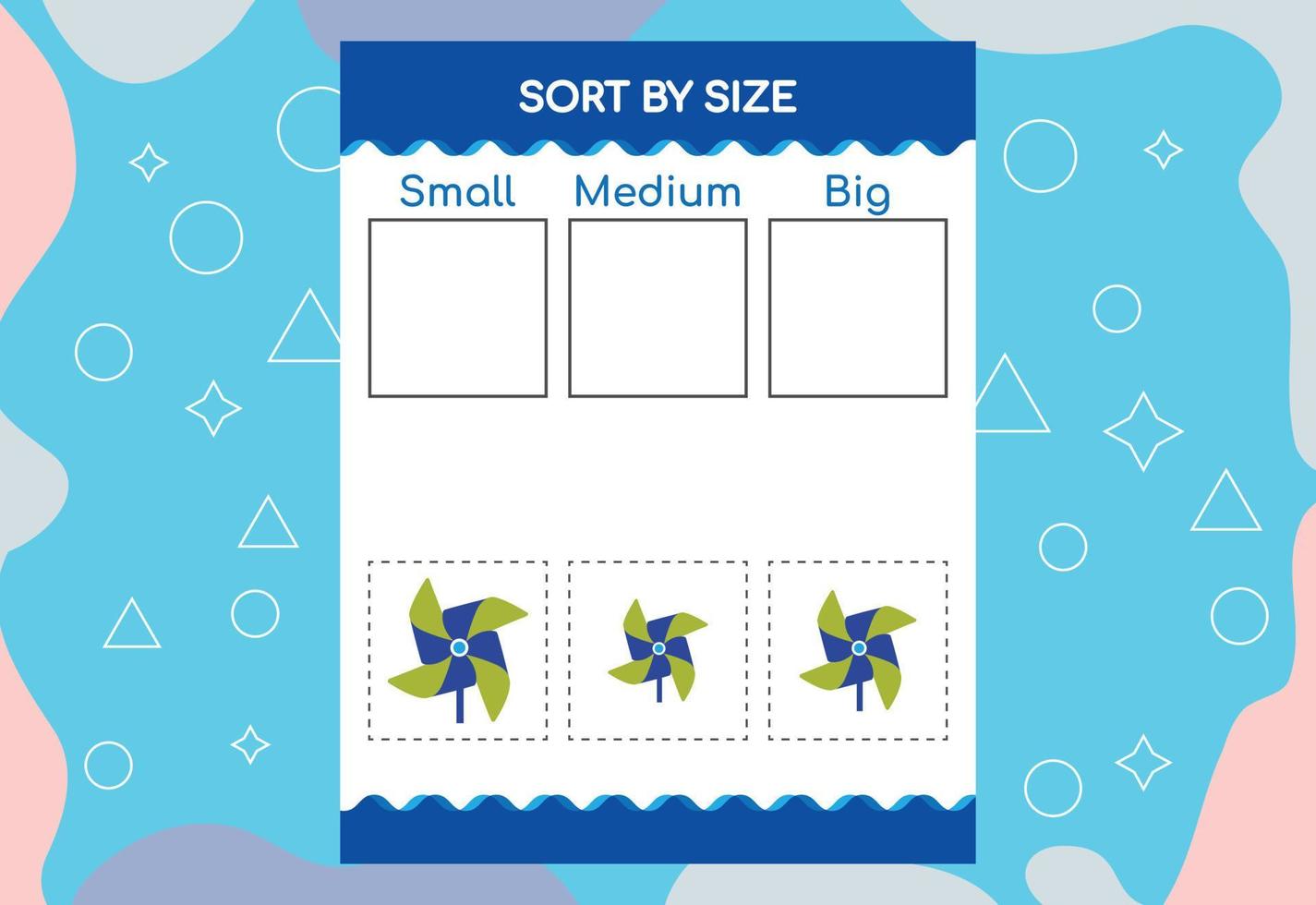 Sort images by size. Educational Worksheet For Kids. vector