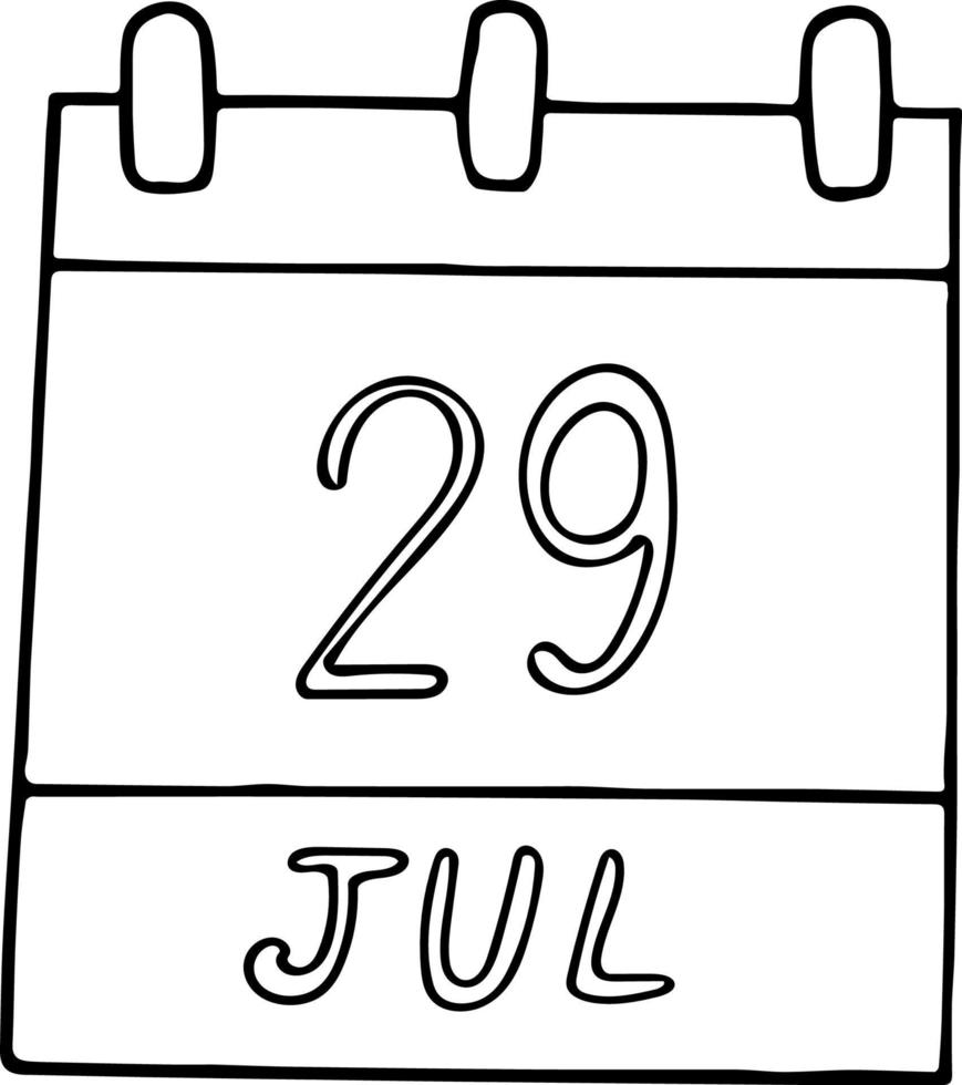 calendar hand drawn in doodle style. July 29. International Tiger Day, date. icon, sticker element for design. planning, business holiday vector