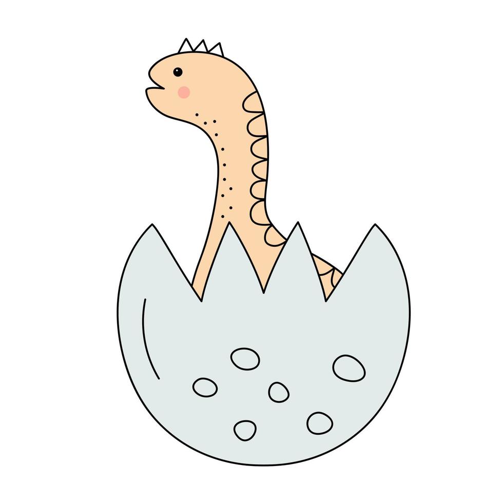 Little baby dinosaur hatching from the egg. Prehistoric cartoon character in doodle style. vector